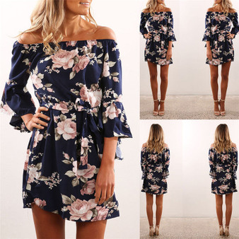 Off Shoulder Floral Printed Chiffon Summer Bohemian (Boho) Dress