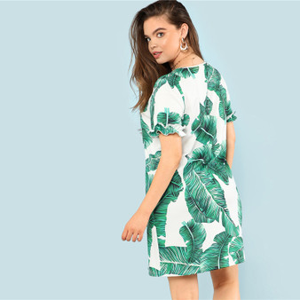 Tropical Print Ruffle Cuff Summer Round Neck Short Sleeve Bohemian (Boho) Dress