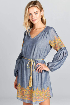 Long Sleeve Embroidered Dress With Waist Tie
