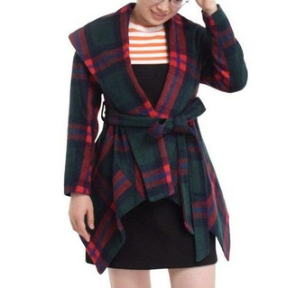 Women Winter Wool Jacket Coat Vintage Turn Down Shawl Collar Plaid