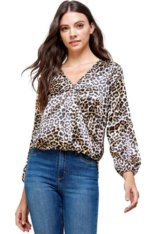 Leopard Printed Surplice Long Sleeve Blouse