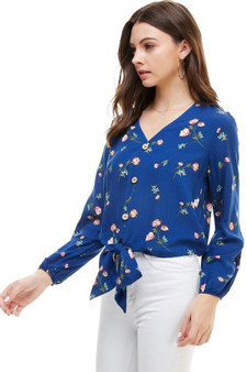 Floral Button Front Tie Waist Long Sleeve Blouse