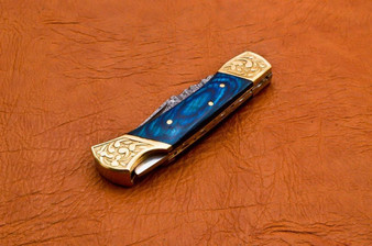 7'' Damascus Steel Pocket Knife Blue Wood