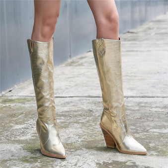 Golden metallic serpent knee-high boots