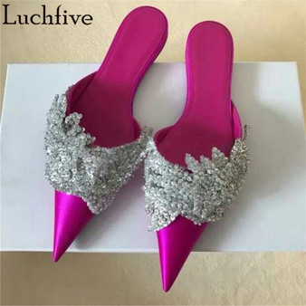 Runway satin Summer Slippers women Luxury Design bling bling crysatal Pointed Toe beach Shoes rhinestone unicornio mules ladies