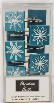 Daisy Stitch Turquoise Shower Hooks - 3PC Towel Set