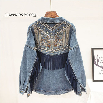 Denim Jacket Floral Embroidery Coat Long Sleeve Outerwear
