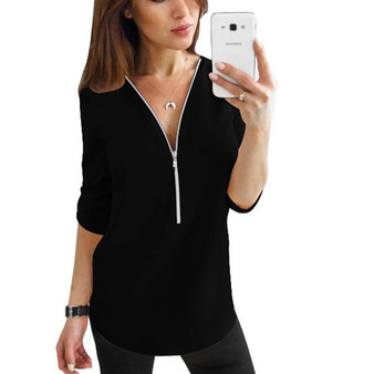 Zipper Short Sleeve Sexy V Neck Solid Casual Tee Shirts