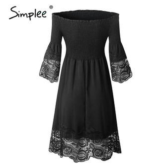 Sexy off shoulder women Elegant black stitching lace short sundress