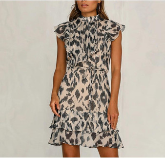 Leopard Print Chiffon With Waist Tie Ruffle Mini dress
