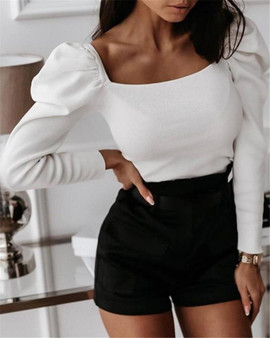 Sexy Puff Sleeve Square Neck Low Cut Bodysuit
