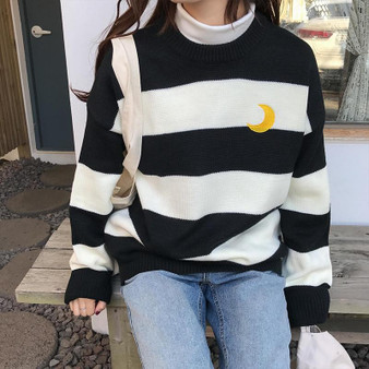 Candy Color Stripes Moon Sets Embroidery Sweater