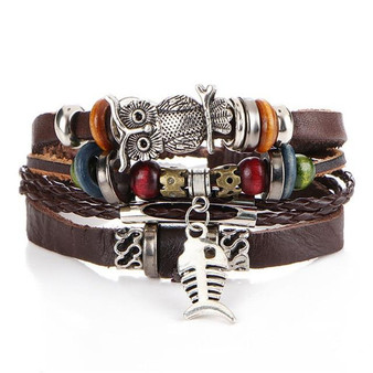 Vintage Leaf Feather Multilayer Leather Bracelet Men Fashion