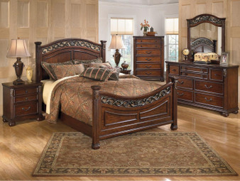 Leahlyn Queen Bedroom Set with Panel Bed Dresser, Mirror and Nightstand in Warm Brown