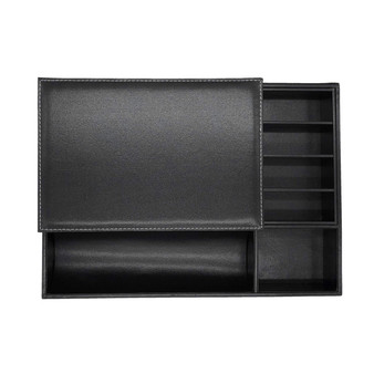 DalleDecor Black PU Leather Valet Tray with Lid and Drawer, Nightstand or Dresser Organizer, Vanity Room Dresser Top Tray for Storage