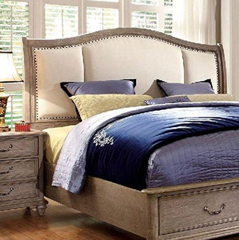 Belgrade Collection Antique Modern Padded Fabric HB Storage FB Platform Queen Size Bed Rustic Natural Tone Finish w Matching Dresser Mirror Nightstand 4pc Set
