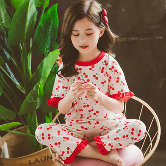 Cute Red Cherry Print Pajamas Set Girls Cotton Short Sleeve T-shirts +long Pants Ruffle Sleeve Tops Suit Kids Pijamas Sleepwear