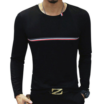 Male cotton t-shirt striped long sleeved t shirt o neck Tee shirt print t shirt