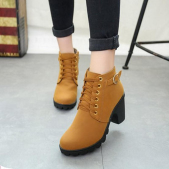 Simple Thick Heel Short Boots High Heel Ankle Boots Lace Up Fur Ladies Shoes