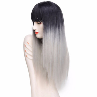 Straight Wig With Bangs, Silver Grey Hair Synthetic Fiber Wig 26inches