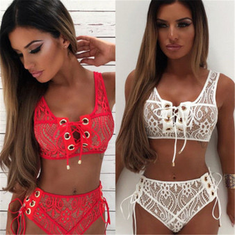 Lace style lace up high waist 2 piece bikini swimsuit