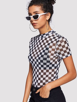 Checkered mock neck top