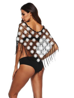 Sheer flower fringe detail bikini coverup top