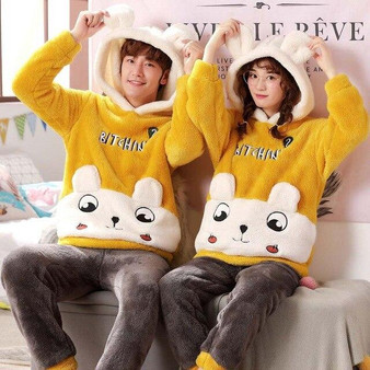 Winter Couple Pajamas Velvet Thicken Hooded Pajamas Set Unisex Adult Sleepwear Cute Cartoon Flannel Warm Femme Home Clothes