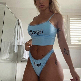 Summer Angel Letter Print Two Piece Pajama Sets Sleepwear Women Sexy Sleeveless Crop Tops And Shorts Matching Set