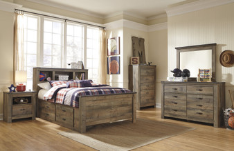 Cremona Brown Casual Bedroom Set: Twin Bookcase Bed with 2 Drawer Storage, Dresser, Mirror, Nightstand, Chest