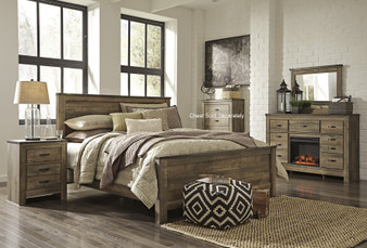 Cremona Brown Casual Bedroom Set: King Panel Bed, Dresser, with Fireplace  Mirror, 2 Nightstands
