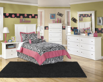 Buckwick Shoals Casual White Bedroom Set: Twin Headboard, Dresser, Mirror, 2 Nighstands, Chest