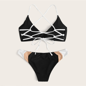 Ruched Lace-up Back Top With Color-block Swimwear Sport Bikinis Set