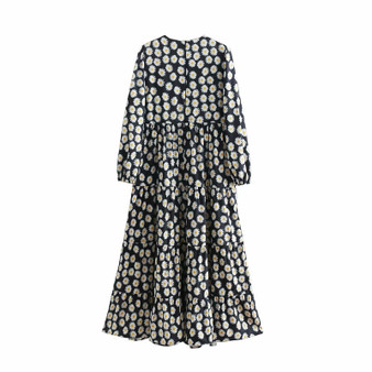 Vintage Ruffled Floral Print Long Sleeve Patchwork Pleated Dresses