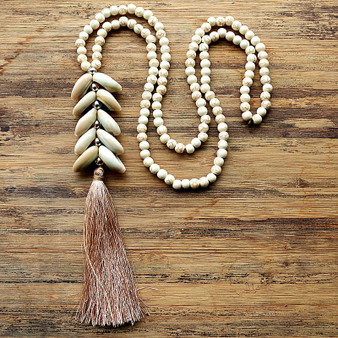 6mm White stone bead necklace with handmade Natural shell tassel long necklace