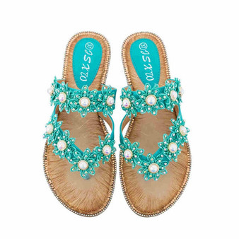 Flat Sandals Women Boho Bohemia Sandals Pearl Flower