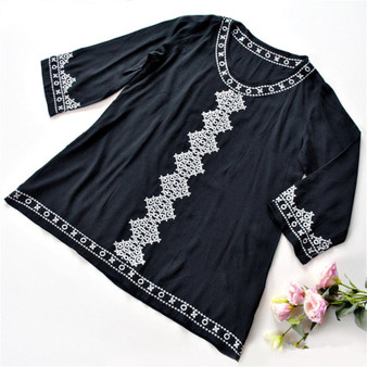 Black Embroidery Round Neck Long Sleeve Mini Dress