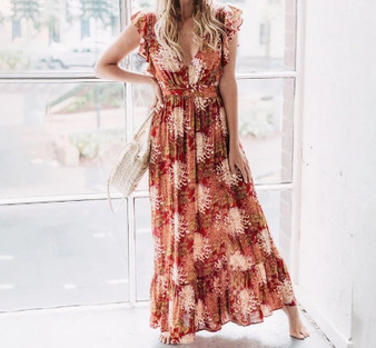 Sexy v neck ruffle print summer Boho dress