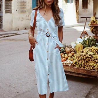 Casual buttons striped summer dress