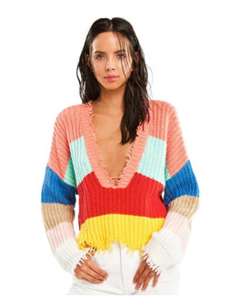 Color stripe long sleeve pullovers sexy deep v-neck sweater top