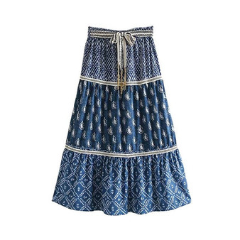 vintage elastic waist sashes A line blue skirt