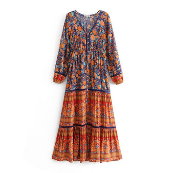 Boho Hippie Button Floral Print Maxi Dress