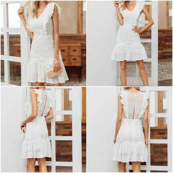 Vintage white lace cotton embroidery  Ruffled dress Sexy