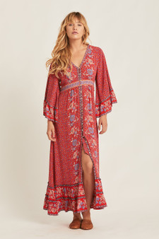 Hippie Floral Print Flare Sleeve Maxi Dress