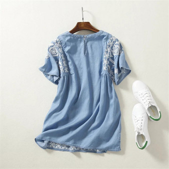 Floral Embroidery Blouse Denim Loose Shirt