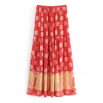 Bohemian Red Floral Print Maxi Skirt