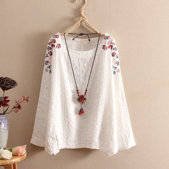 Cotton Embroidery  Linen Blouse Tops