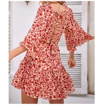 Red floral boho ruffles chiffon dress