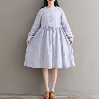 2018 autumn long gray dress for women long sleeve elegant cotton dress