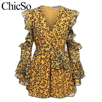 Missychilli Leopard print chiffon women playsuit Cold shoulder V neck ruffle sexy romper Party bandage summer jumpsuit overalls